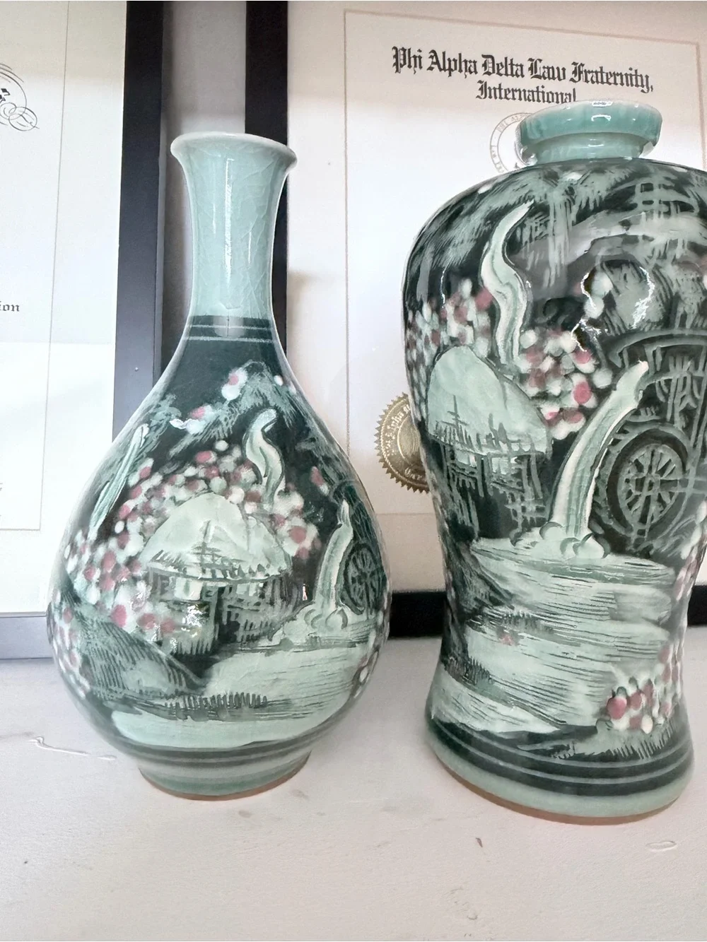Vintage Korean Haegwang Celadon Sanggam Vase Pair w/ Certificate